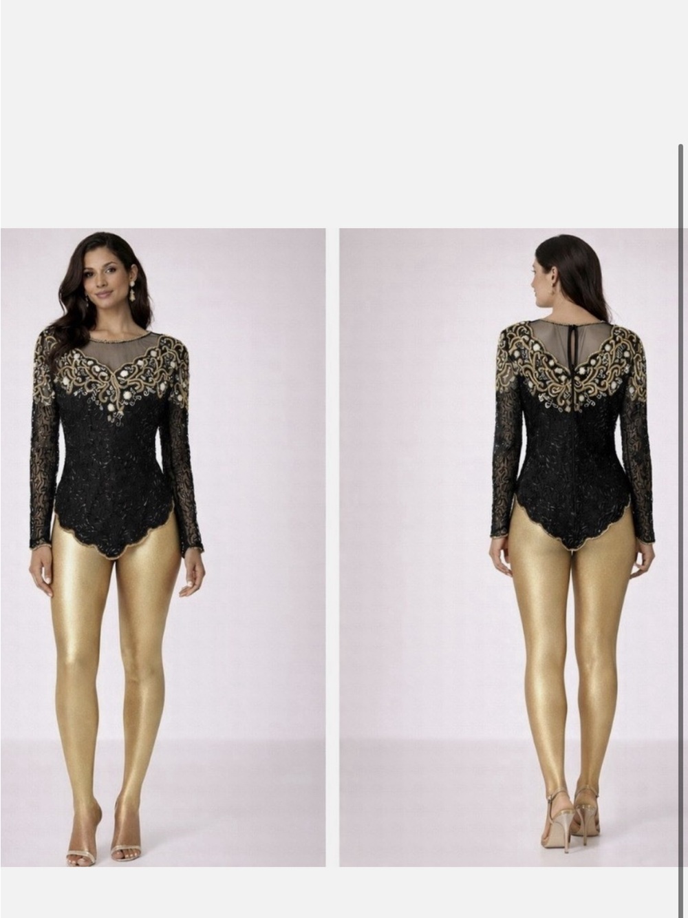 Black Lace Long-Sleeve Top with Gold Embellishment Vintage!